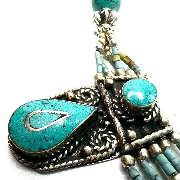 Vintage Tibetan Silver & Turquoise Statement Necklace—Multi-Teardrop Pendant EUC - Picture 5 of 10
